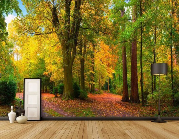 Colorful autumn forest with winding path Wall murals Colorful autumn forest with winding path