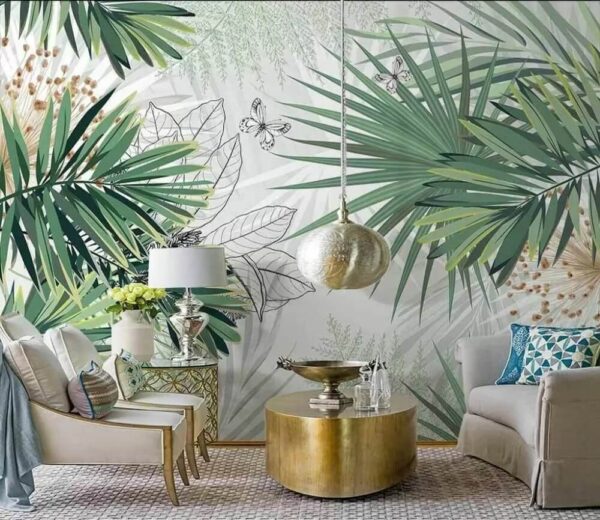 Tropical leaves and butterflies illustration Wall murals Tropical leaves and butterflies illustration