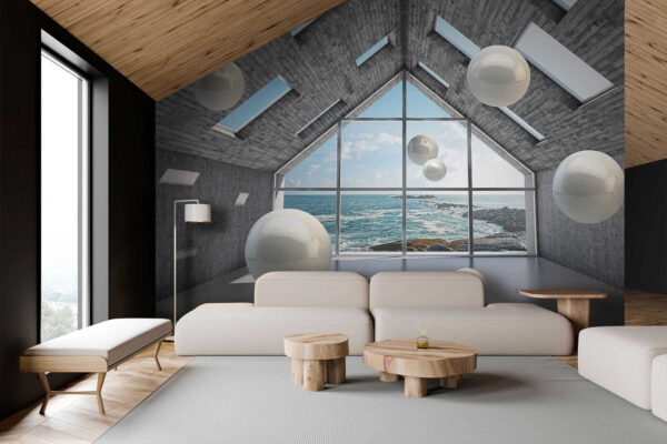 White sphere in a concrete room Wall murals White sphere in a concrete room