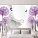 Wall murals Wallpaper with purple flowers and butterflies