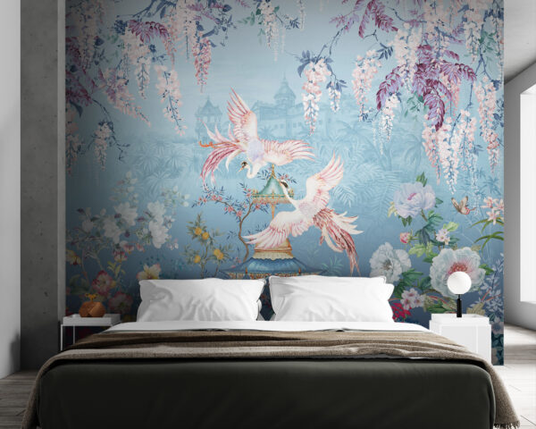 Elegant birds amidst blossoming flora Wall murals Elegant birds amidst blossoming flora