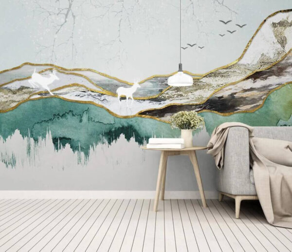 Painting of a deer and mountains Wall murals Painting of a deer and mountains