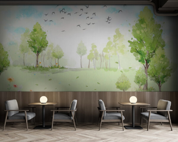 Green field with trees and birds flying in the sky Wall murals Green field with trees and birds flying in the sky