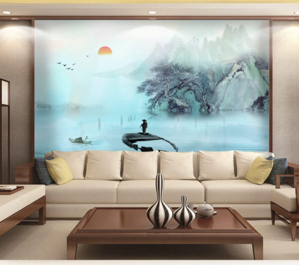 Man standing on a boat in water with mountains and trees Wall murals Man standing on a boat in water with mountains and trees