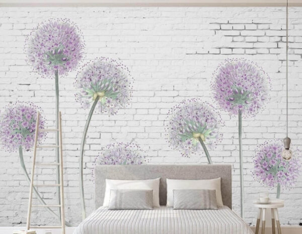 Flower blossoms against white brick backdrop Wall murals Flower blossoms against white brick backdrop