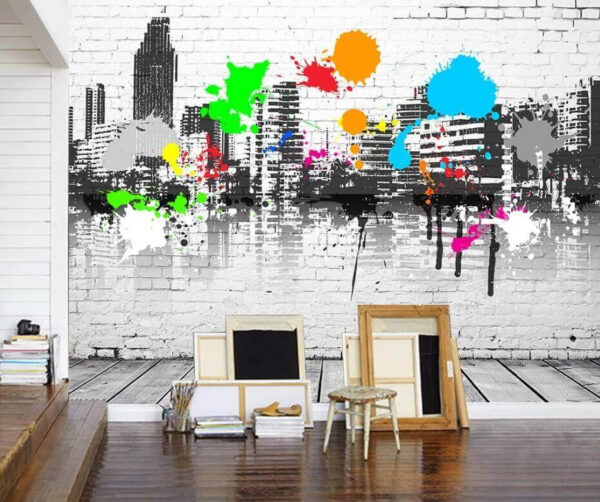 Blue blot on a white brick wall Wall murals Blue blot on a white brick wall