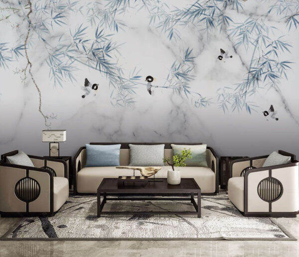 White marble surface with blue leaves and birds Wall murals White marble surface with blue leaves and birds