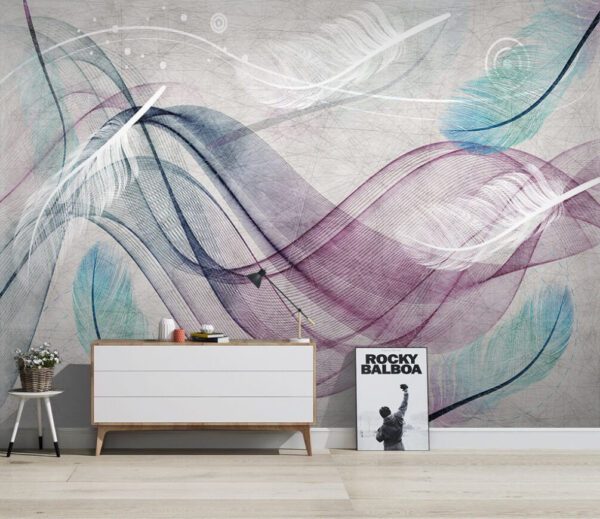 Colorful feathers on a white surface Wall murals Colorful feathers on a white surface
