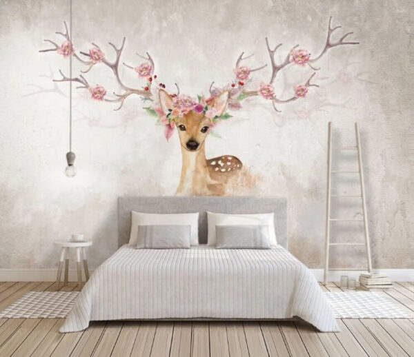 Watercolor of a deer with flowers on its head Wall murals Watercolor of a deer with flowers on its head