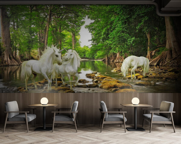 Group of white unicorns in a river Wall murals Group of white unicorns in a river