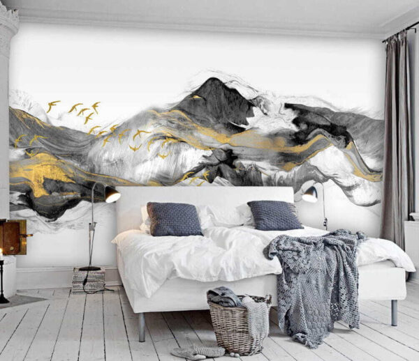 Painting of mountains with birds flying Wall murals Painting of mountains with birds flying