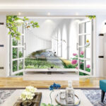 Wall murals Window with a view of a pond and flowers