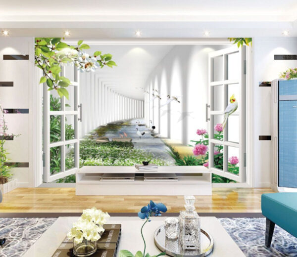 Window with a view of a pond and flowers Wall murals Window with a view of a pond and flowers