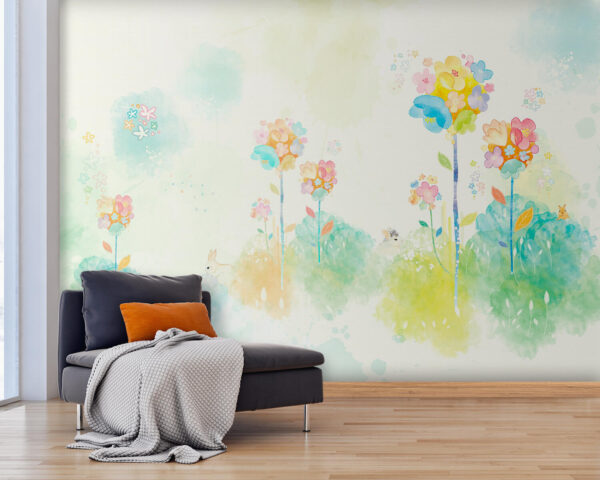 Watercolor painting of flowers and rabbits Wall murals Watercolor painting of flowers and rabbits