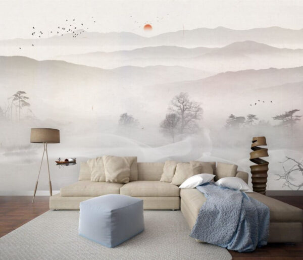 Boat on a lake with fog and trees Wall murals Boat on a lake with fog and trees