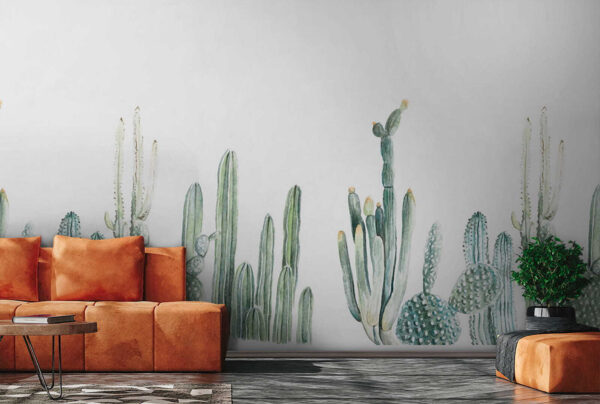 Watercolor cacti arranged in rows Wall murals Watercolor cacti arranged in rows