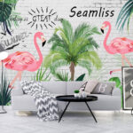 Wall murals Wall with flamingos and palm trees