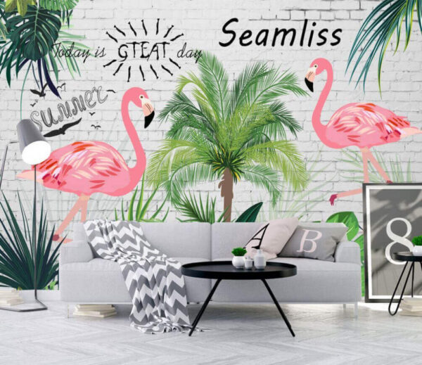 Wall with flamingos and palm trees Wall murals Wall with flamingos and palm trees