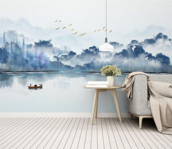 Painting of a boat in the water with birds flying in the sky Wall murals Painting of a boat in the water with birds flying in the sky