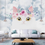 Wall murals White cat with floral crown, sky