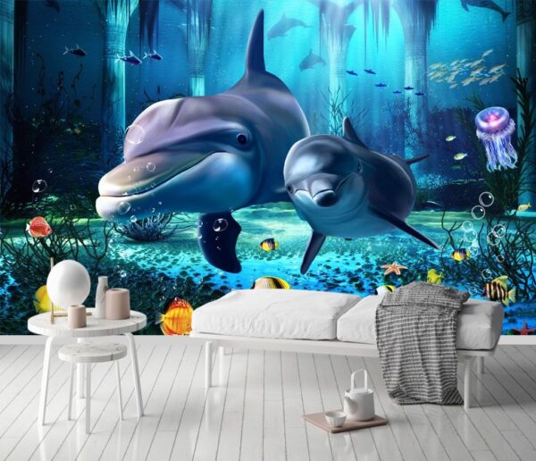Couple of dolphins swimming in a sea Wall murals Couple of dolphins swimming in a sea