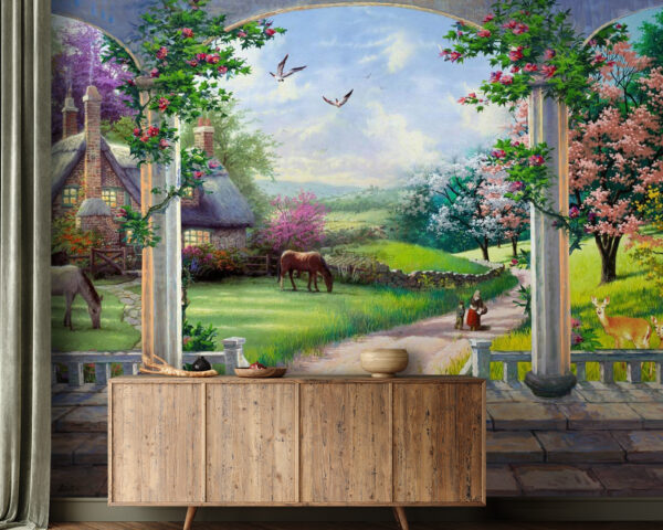 Painting of a landscape with a horse and a house Wall murals Painting of a landscape with a horse and a house