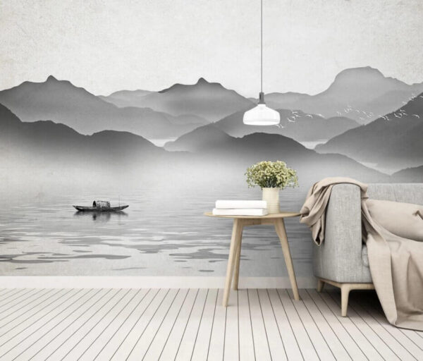 Boat on water with mountains in the background Wall murals Boat on water with mountains in the background