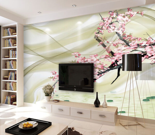 Painting of a branch with pink flowers Wall murals Painting of a branch with pink flowers