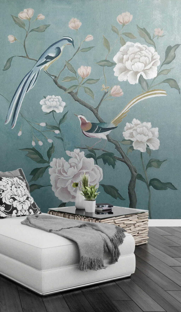 Painting of birds on a branch with flowers Wall murals Painting of birds on a branch with flowers