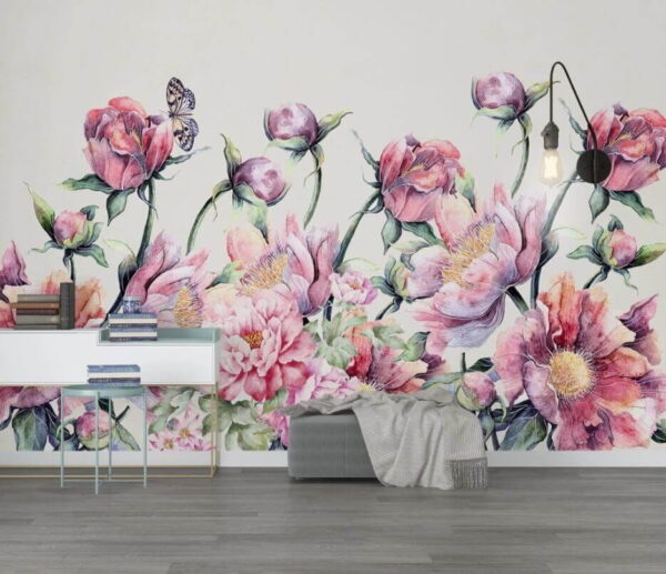 Watercolor painting of flowers and a butterfly Wall murals Watercolor painting of flowers and a butterfly