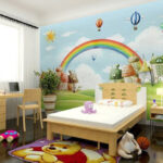 Wall murals Cartoon landscape with a rainbow and houses