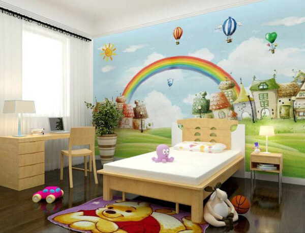 Cartoon landscape with a rainbow and houses Wall murals Cartoon landscape with a rainbow and houses