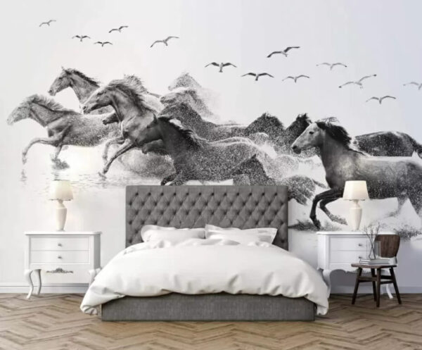 Group of horses running through water Wall murals Group of horses running through water