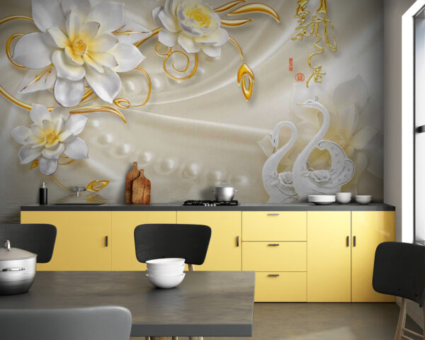 Wallpaper with swans and flowers Wall murals Wallpaper with swans and flowers