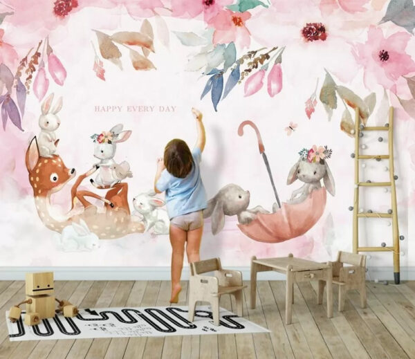 Rabbit with flowers on its head Wall murals Rabbit with flowers on its head