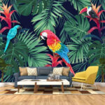 Wall murals Colorful parrots and leaves