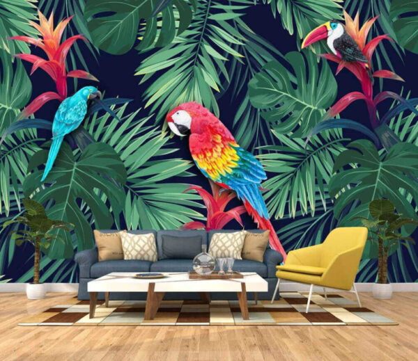 Colorful parrots and leaves Wall murals Colorful parrots and leaves