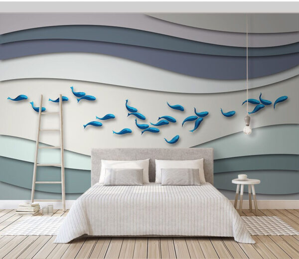 Group of blue fish swimming in a group of waves Wall murals Group of blue fish swimming in a group of waves