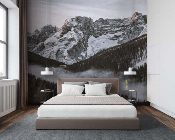 Snowy mountain with trees Wall murals Snowy mountain with trees