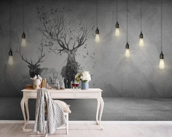 Wall with a drawing of two deer and trees Wall murals Wall with a drawing of two deer and trees