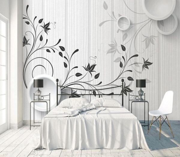 White wall with black and white flowers Wall murals White wall with black and white flowers