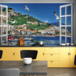 Wall murals Window with a view of a city and boats
