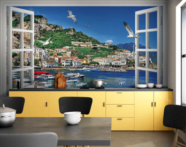 Window with a view of a city and boats Wall murals Window with a view of a city and boats