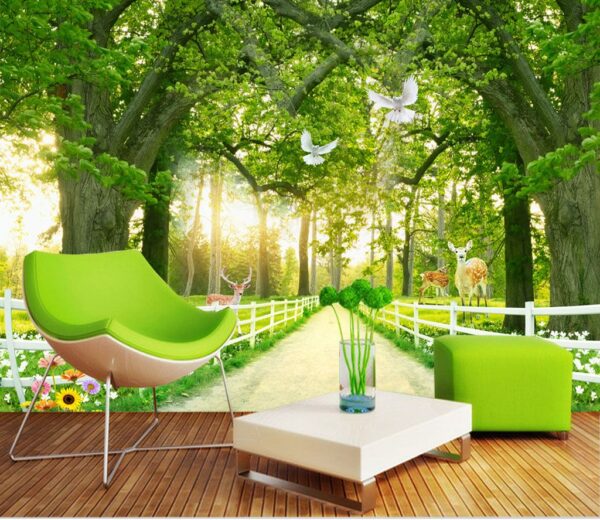 Path with trees and a white fence and deer Wall murals Path with trees and a white fence and deer