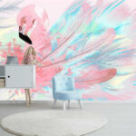 Wall murals Pink flamingo with white and blue feathers