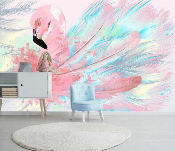 Pink flamingo with white and blue feathers Wall murals Pink flamingo with white and blue feathers