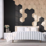 Wall murals Wood and black background with hexagons