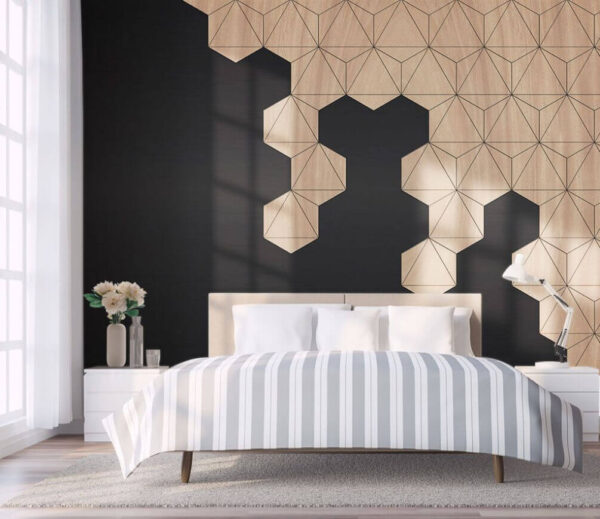 Wood and black background with hexagons Wall murals Wood and black background with hexagons