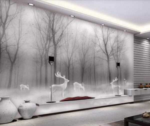 Group of white deer in a foggy forest Wall murals Group of white deer in a foggy forest