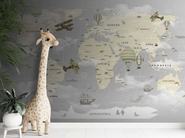 Map of the world with airplanes and hot air balloons Wall murals Map of the world with airplanes and hot air balloons